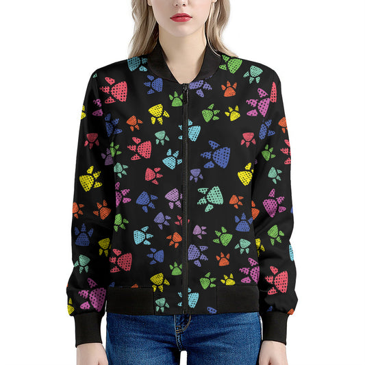 Cute Dino Footprint Pattern Print Women's Bomber Jacket