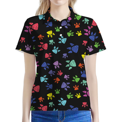 Cute Dino Footprint Pattern Print Women's Polo Shirt