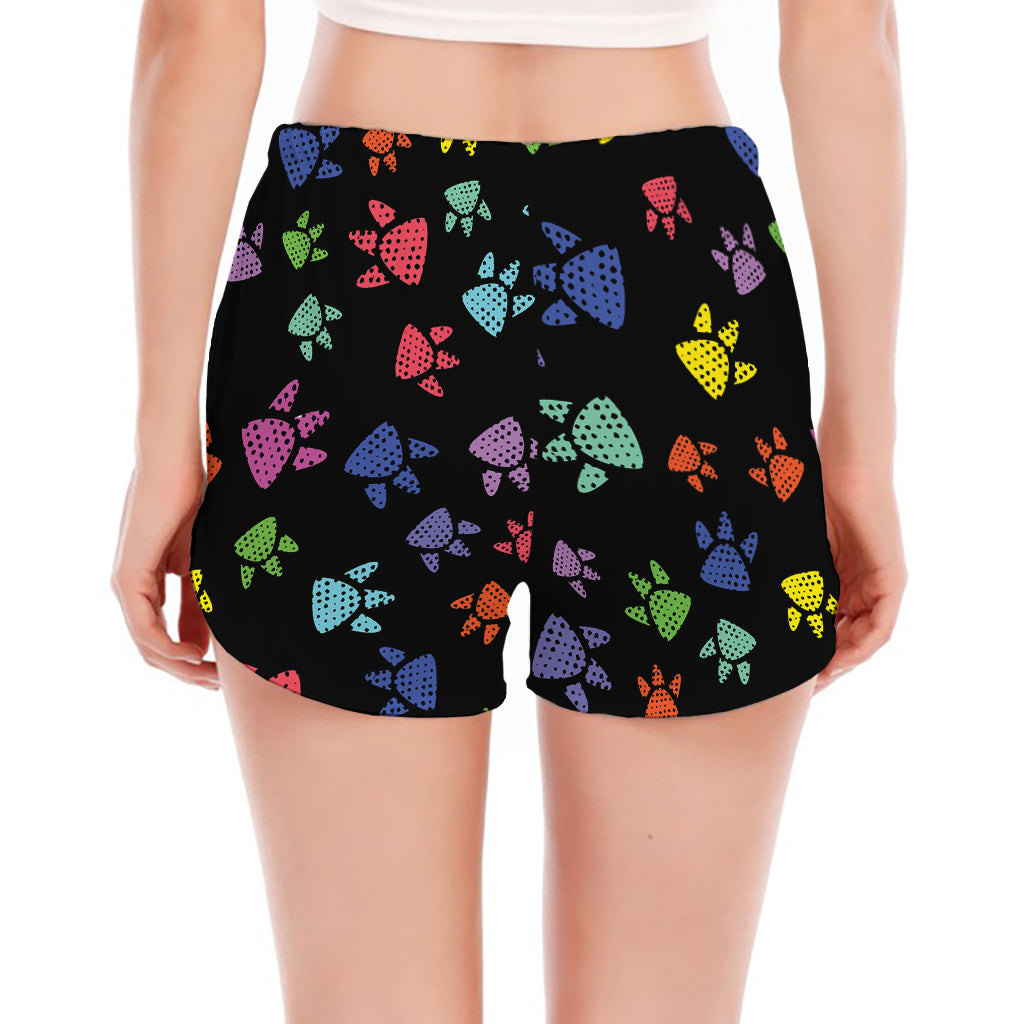 Cute Dino Footprint Pattern Print Women's Split Running Shorts