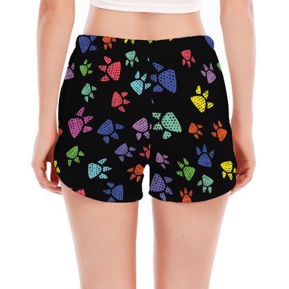 Cute Dino Footprint Pattern Print Women's Split Running Shorts