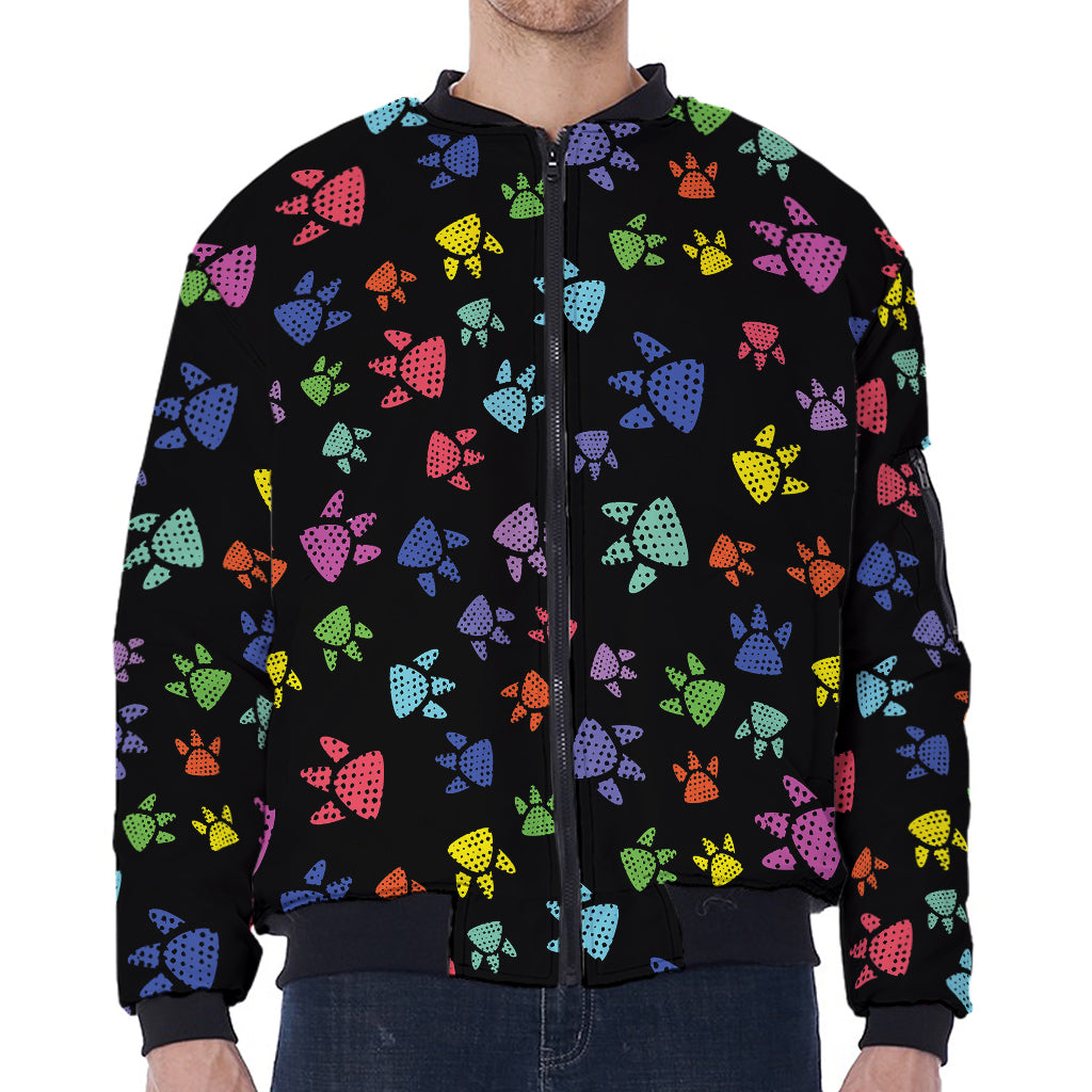 Cute Dino Footprint Pattern Print Zip Sleeve Bomber Jacket