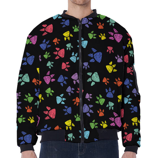Cute Dino Footprint Pattern Print Zip Sleeve Bomber Jacket