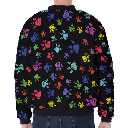 Cute Dino Footprint Pattern Print Zip Sleeve Bomber Jacket