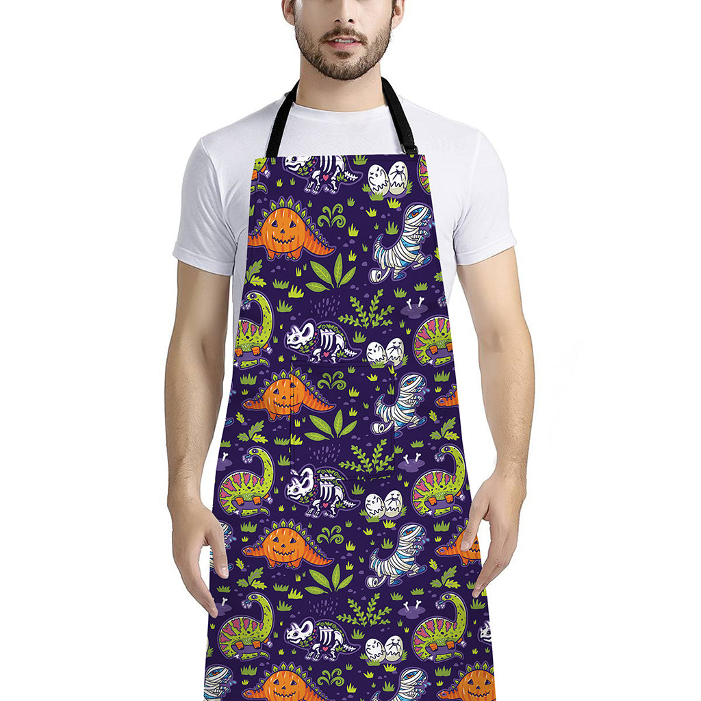 Cute Dino Halloween Pattern Print Bib Apron With Pocket