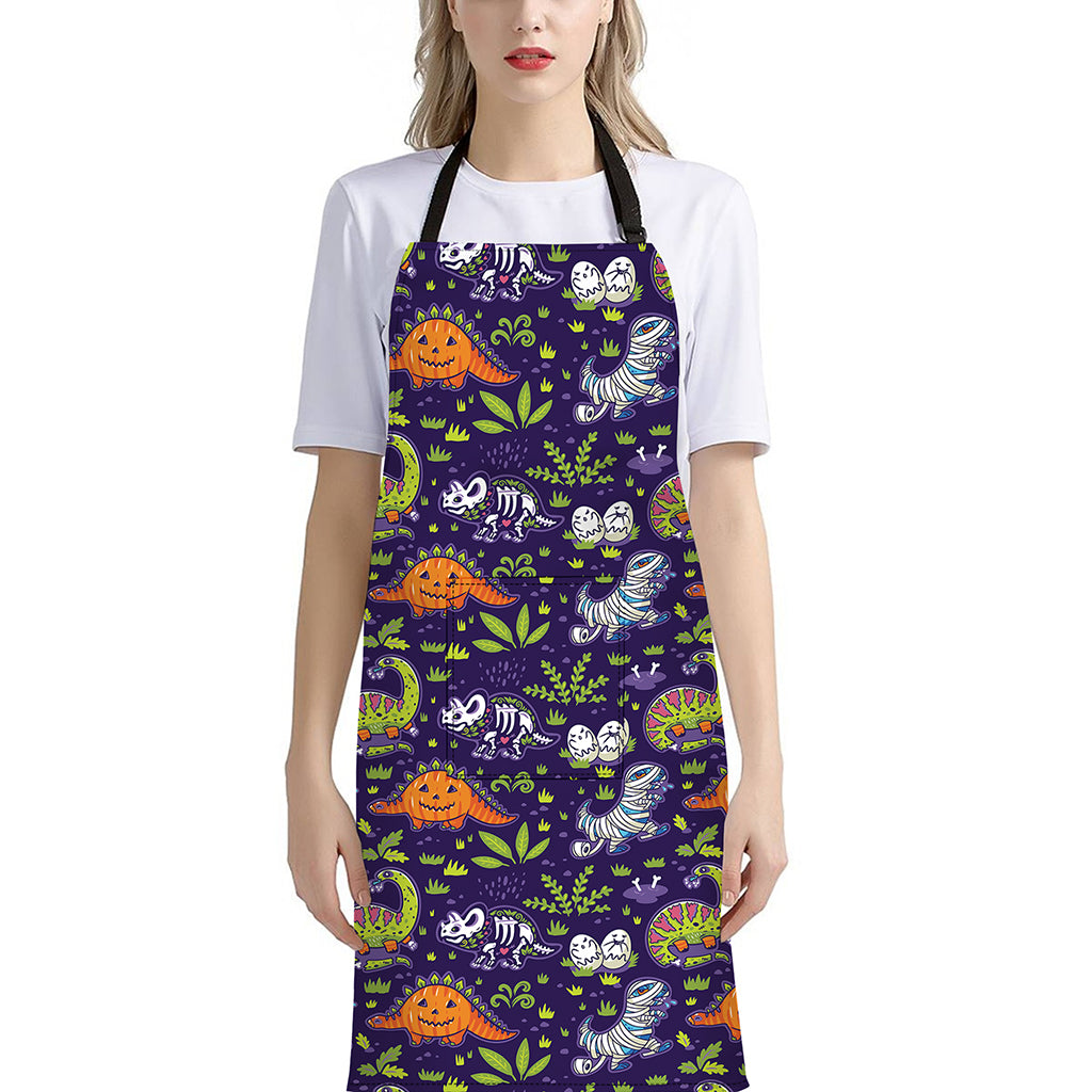 Cute Dino Halloween Pattern Print Bib Apron With Pocket
