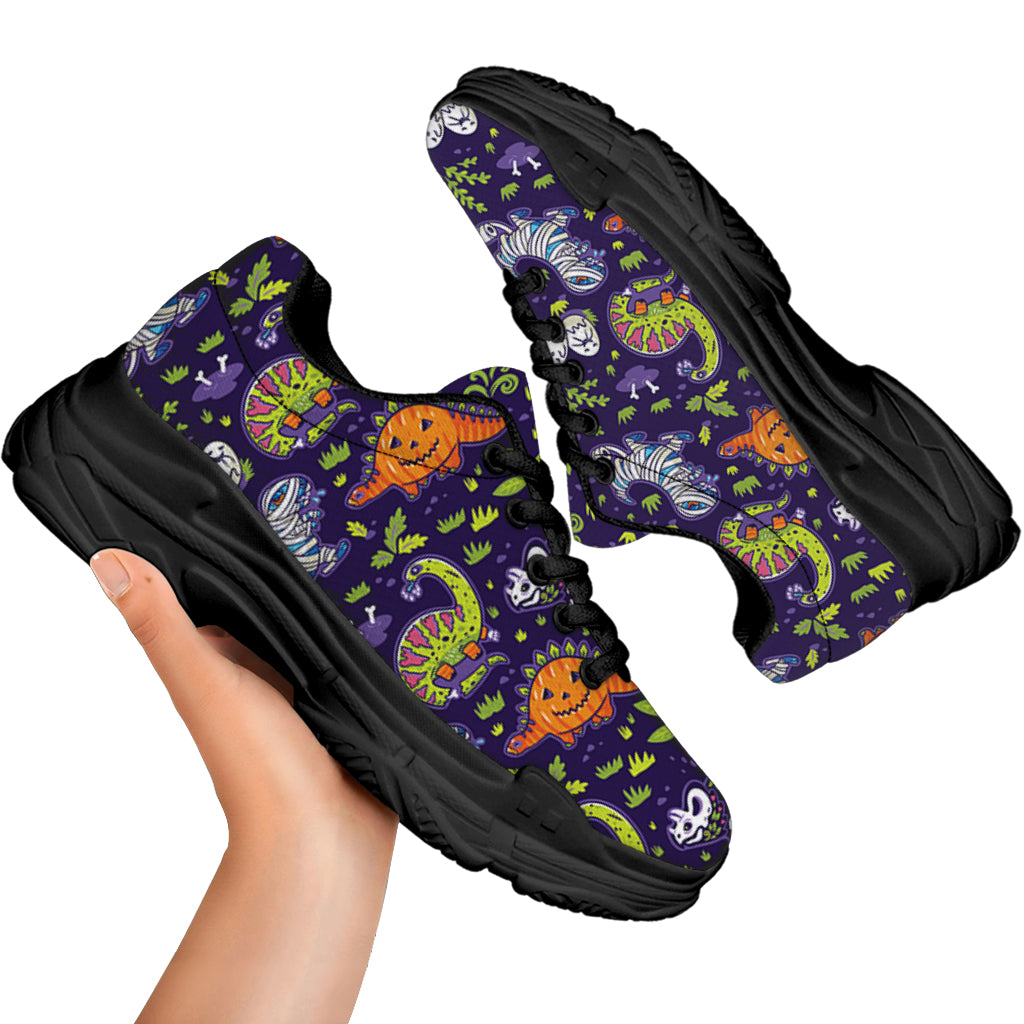Cute Dino Halloween Pattern Print Black Chunky Shoes