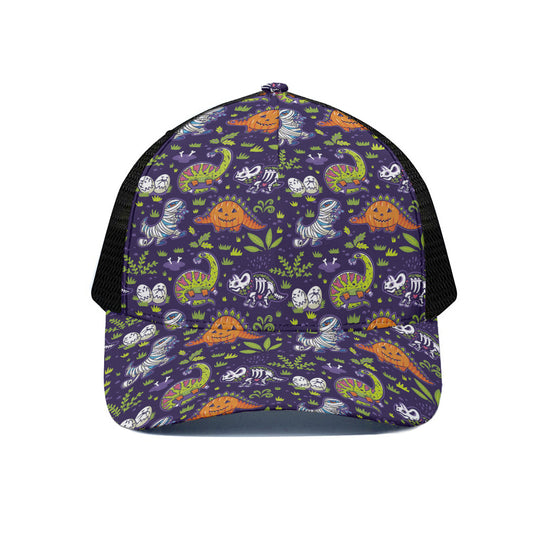Cute Dino Halloween Pattern Print Black Mesh Trucker Cap