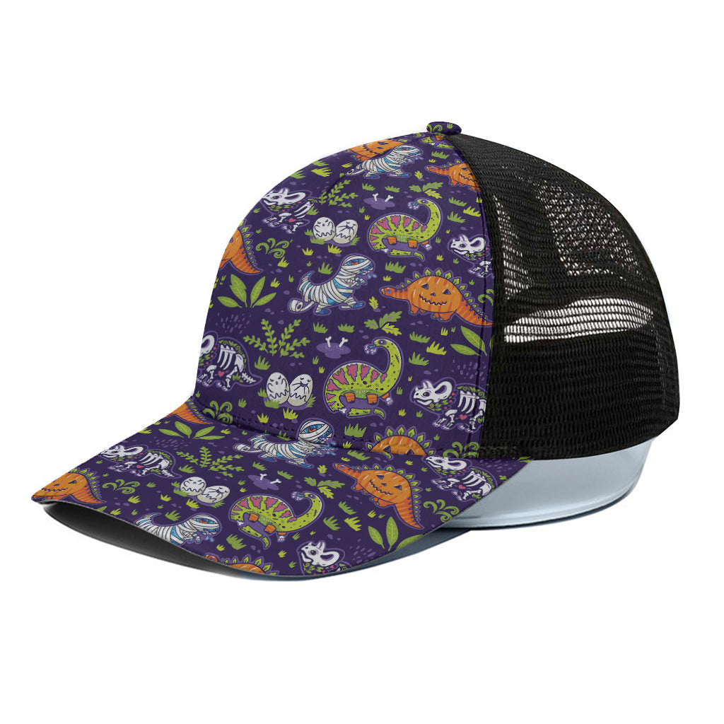 Cute Dino Halloween Pattern Print Black Mesh Trucker Cap