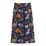 Cute Dino Halloween Pattern Print Cotton Front Slit Maxi Skirt