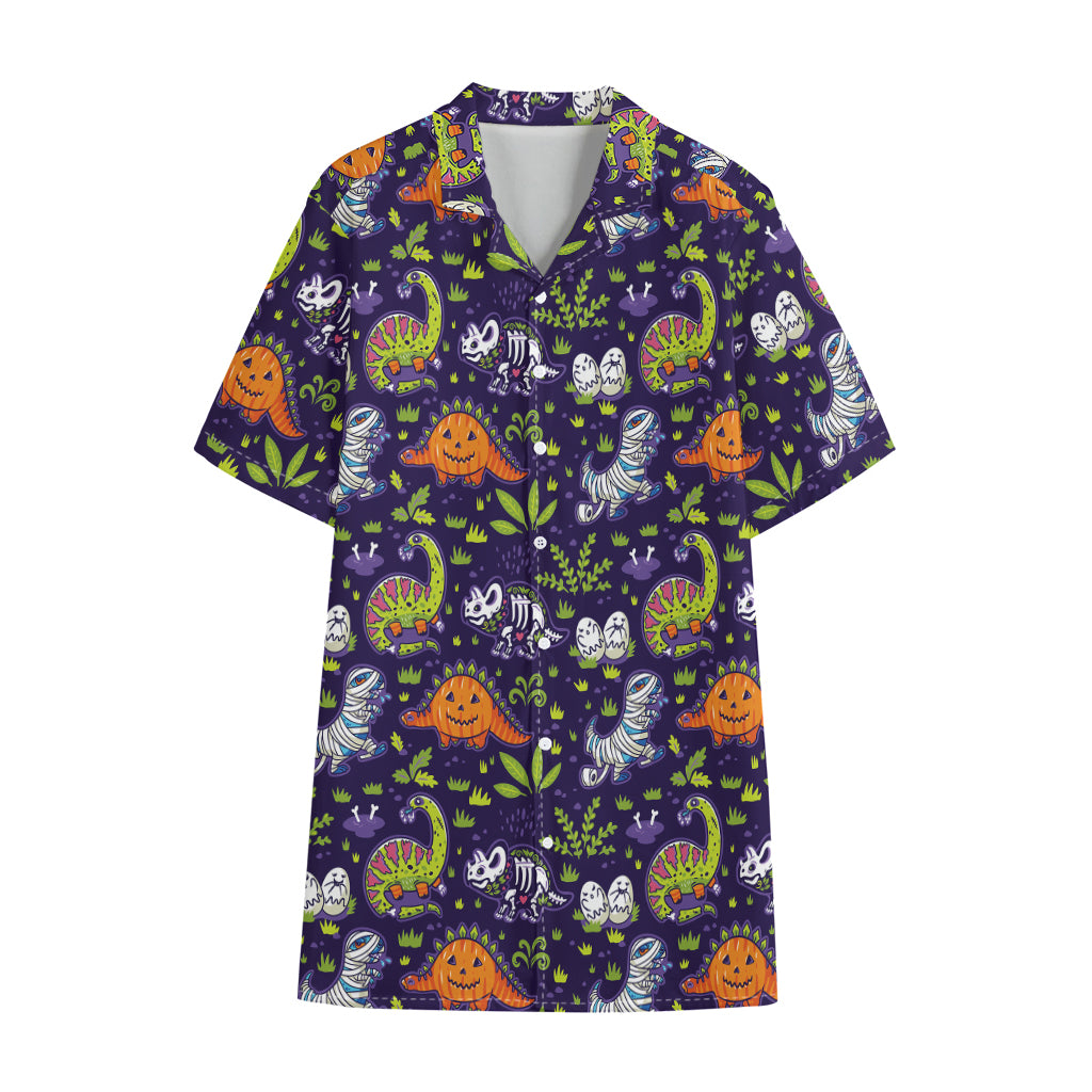 Cute Dino Halloween Pattern Print Cotton Hawaiian Shirt