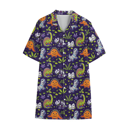 Cute Dino Halloween Pattern Print Cotton Hawaiian Shirt