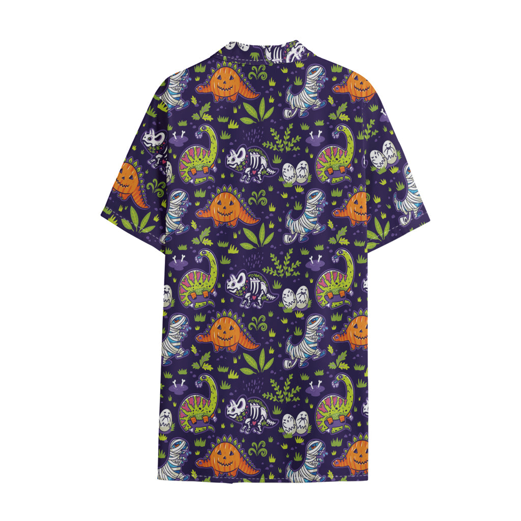 Cute Dino Halloween Pattern Print Cotton Hawaiian Shirt