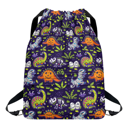 Cute Dino Halloween Pattern Print Drawstring Backpack