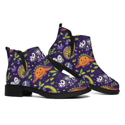 Cute Dino Halloween Pattern Print Flat Ankle Boots