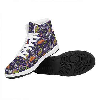 Cute Dino Halloween Pattern Print High Top Leather Sneakers