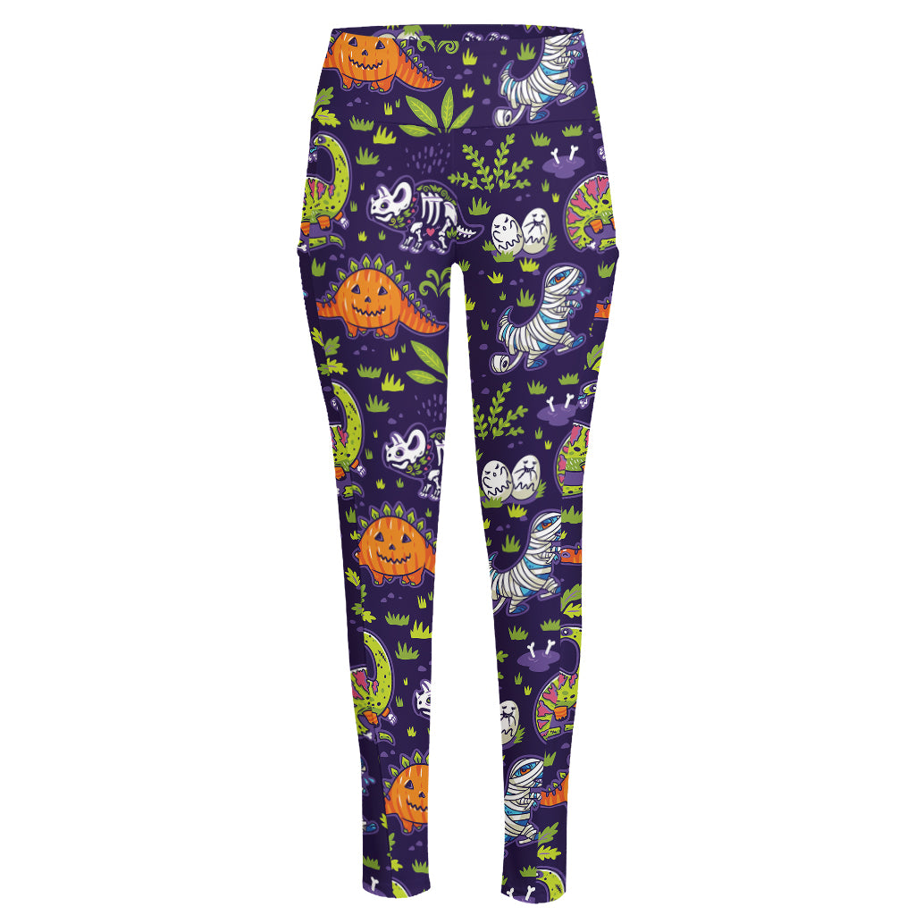 Cute Dino Halloween Pattern Print High-Waisted Pocket Leggings