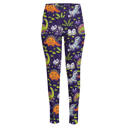 Cute Dino Halloween Pattern Print High-Waisted Pocket Leggings