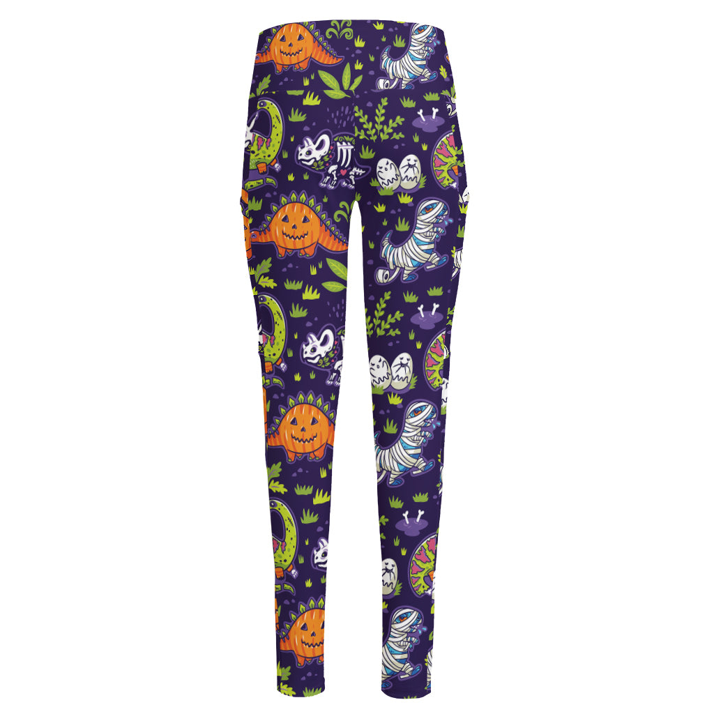 Cute Dino Halloween Pattern Print High-Waisted Pocket Leggings