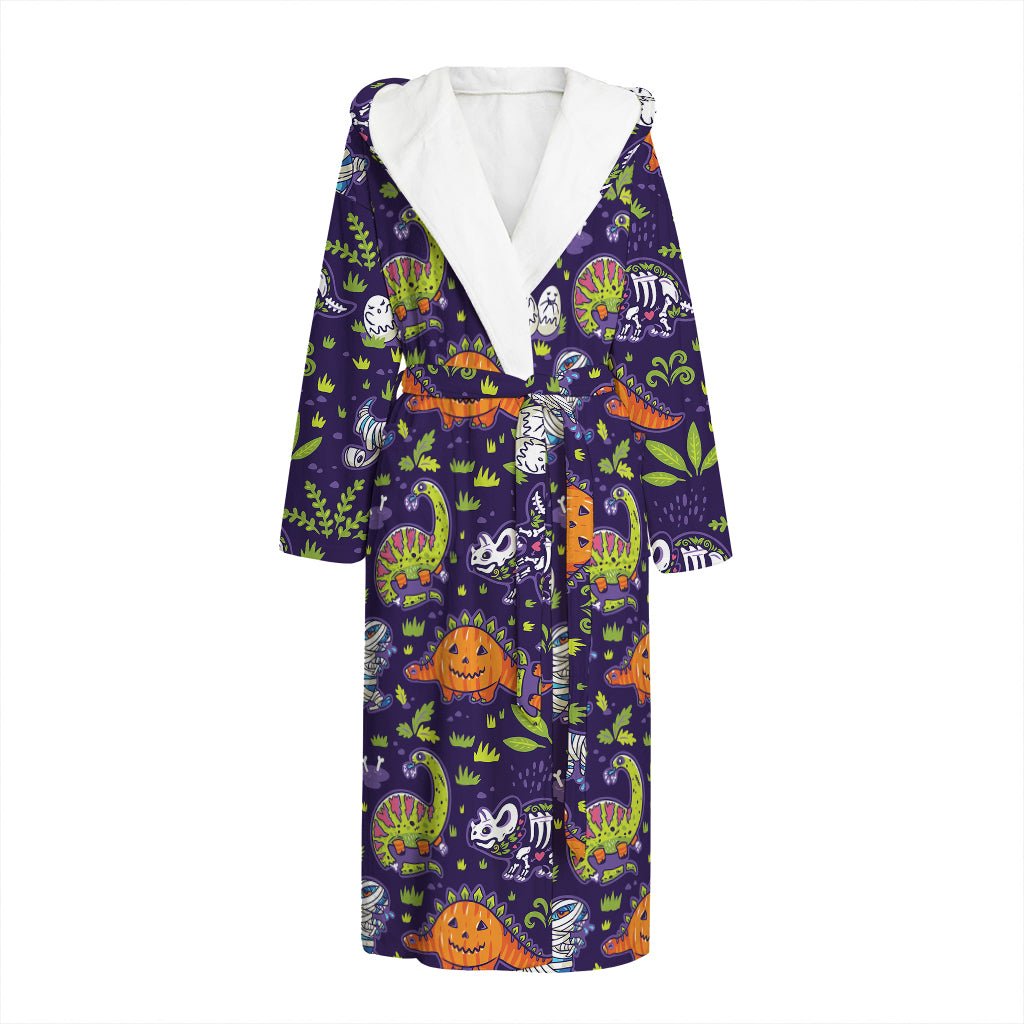 Cute Dino Halloween Pattern Print Hooded Bathrobe