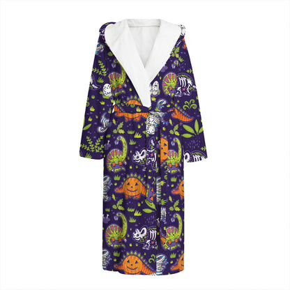 Cute Dino Halloween Pattern Print Hooded Bathrobe