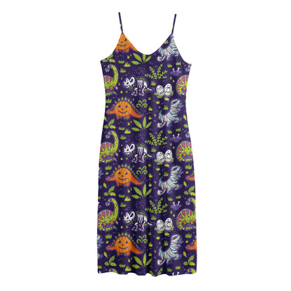 Cute Dino Halloween Pattern Print Jersey Midi Cami Dress