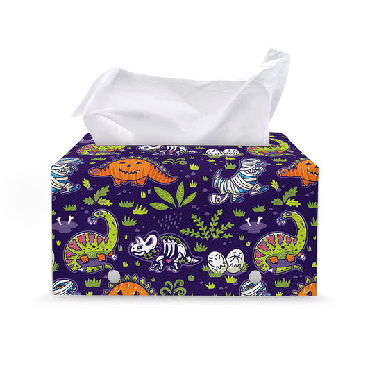 Cute Dino Halloween Pattern Print Leather Tissue Box Cover