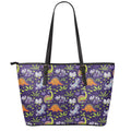Cute Dino Halloween Pattern Print Leather Tote Bag With Zipper