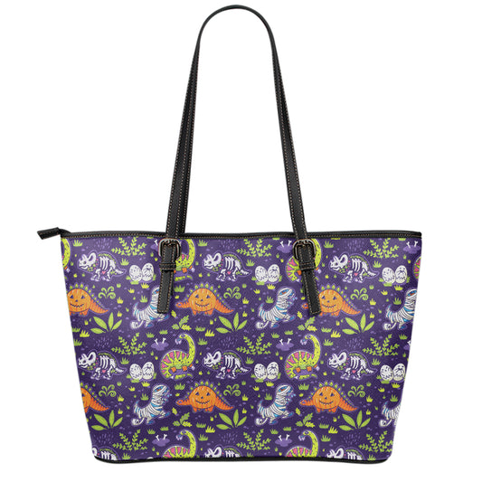 Cute Dino Halloween Pattern Print Leather Tote Bag