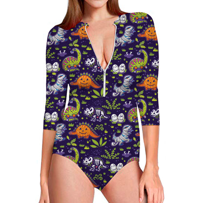 Cute Dino Halloween Pattern Print Long Sleeve Swimsuit