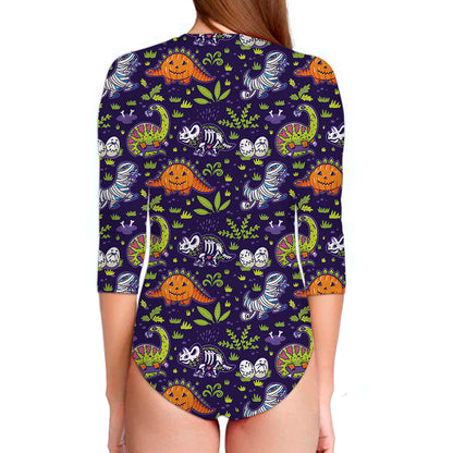 Cute Dino Halloween Pattern Print Long Sleeve Swimsuit