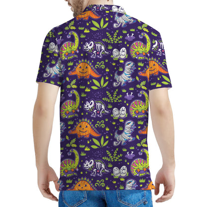 Cute Dino Halloween Pattern Print Men's Polo Shirt