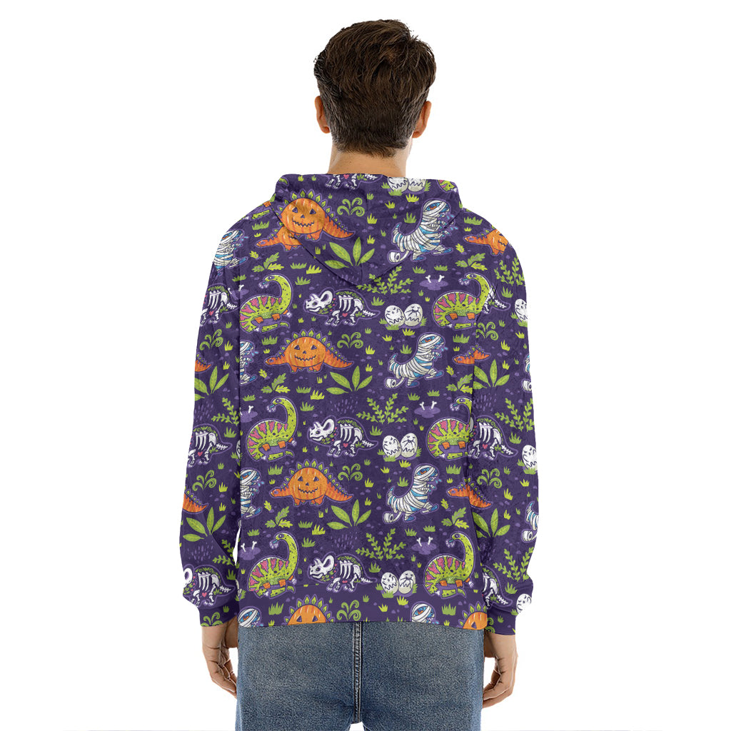 Cute Dino Halloween Pattern Print Men's Velvet Pullover Hoodie