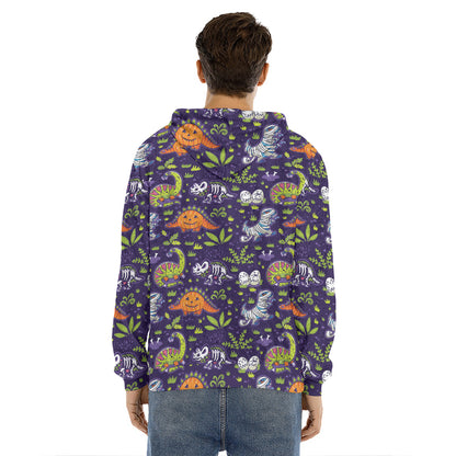 Cute Dino Halloween Pattern Print Men's Velvet Pullover Hoodie