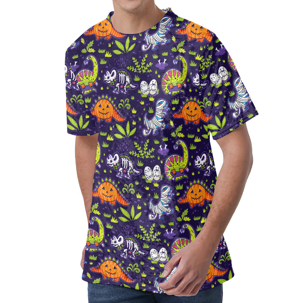 Cute Dino Halloween Pattern Print Men's Velvet T-Shirt