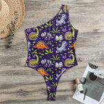 Cute Dino Halloween Pattern Print One Shoulder Bodysuit