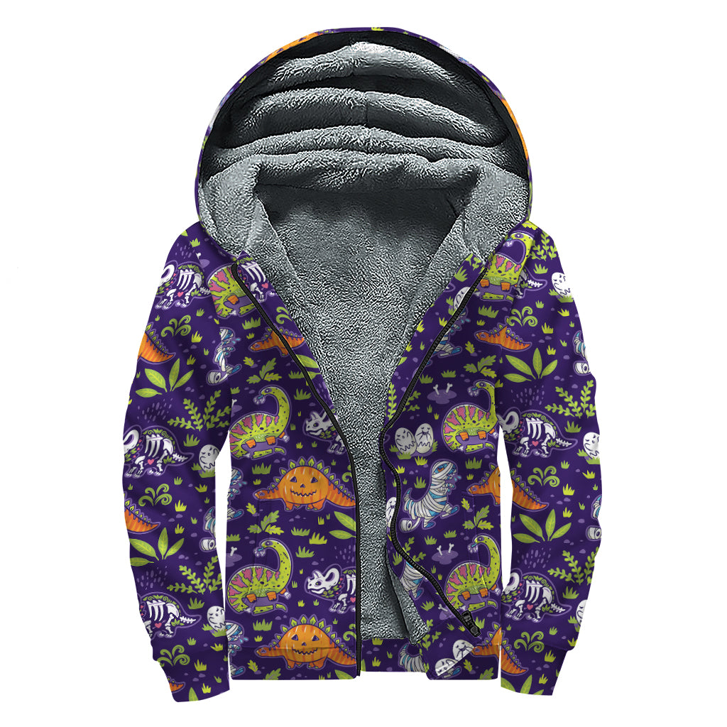 Cute Dino Halloween Pattern Print Sherpa Lined Zip Up Hoodie