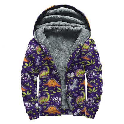 Cute Dino Halloween Pattern Print Sherpa Lined Zip Up Hoodie