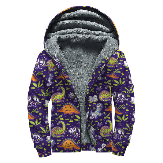 Cute Dino Halloween Pattern Print Sherpa Lined Zip Up Hoodie