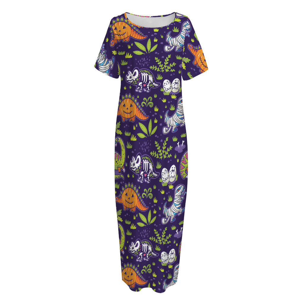 Cute Dino Halloween Pattern Print Short Sleeve Long Nightdress