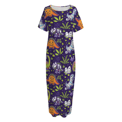 Cute Dino Halloween Pattern Print Short Sleeve Long Nightdress