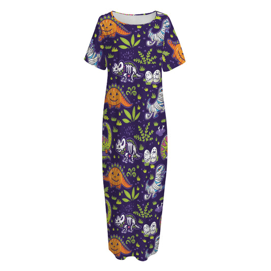 Cute Dino Halloween Pattern Print Short Sleeve Long Nightdress