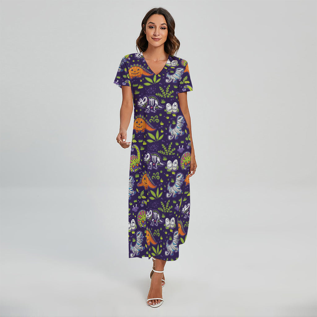 Cute Dino Halloween Pattern Print Short Sleeve Maxi Dress