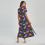 Cute Dino Halloween Pattern Print Short Sleeve Maxi Dress