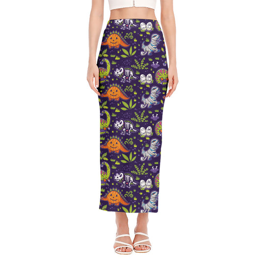 Cute Dino Halloween Pattern Print Side Slit Maxi Skirt