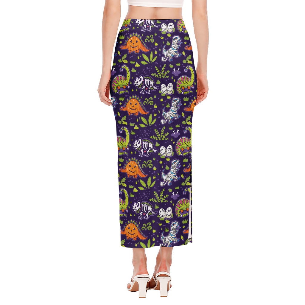 Cute Dino Halloween Pattern Print Side Slit Maxi Skirt