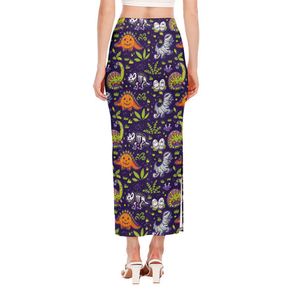 Cute Dino Halloween Pattern Print Side Slit Maxi Skirt