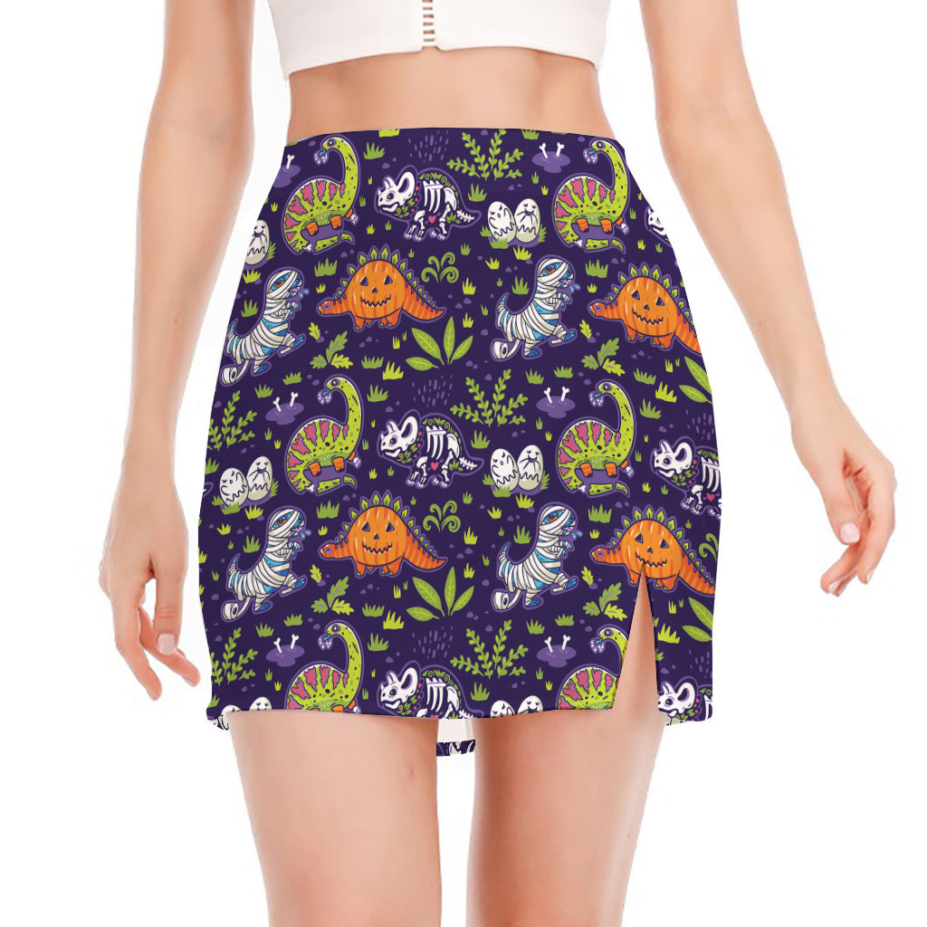 Cute Dino Halloween Pattern Print Side Slit Mini Skirt