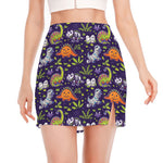 Cute Dino Halloween Pattern Print Side Slit Mini Skirt