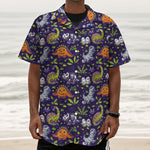 Cute Dino Halloween Pattern Print Textured Short Sleeve Shirt