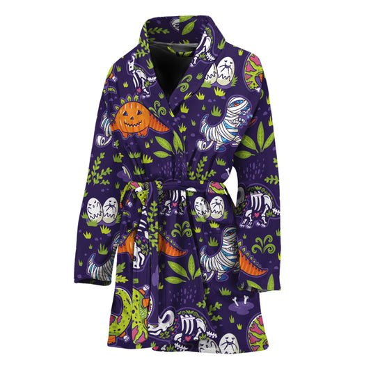 Cute Dino Halloween Pattern Print Women's Bathrobe